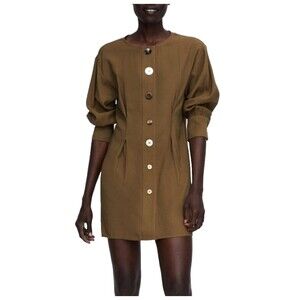 Zara Women’s Mini Dress Small Khaki Green Linen Blend Pleated 3/4 Sleeve